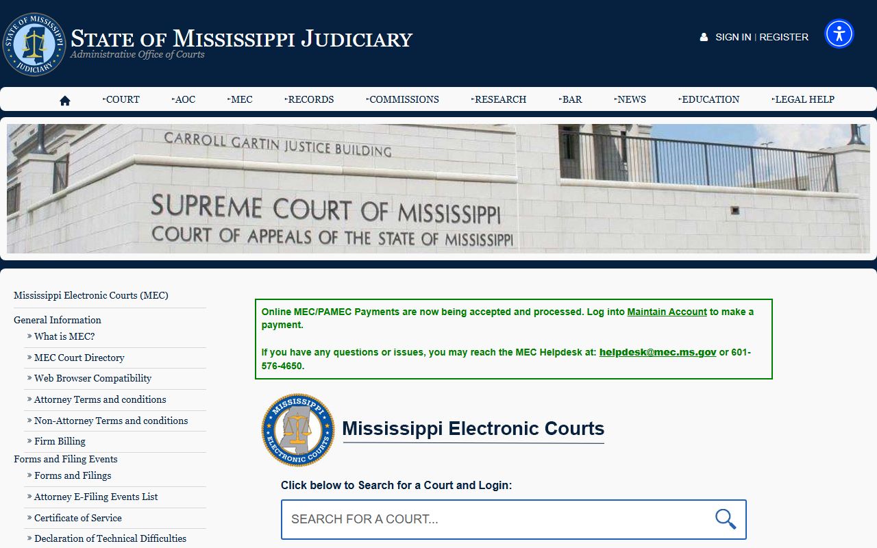 Mississippi Electronic Courts portal for Wayne County court records after jail arrest